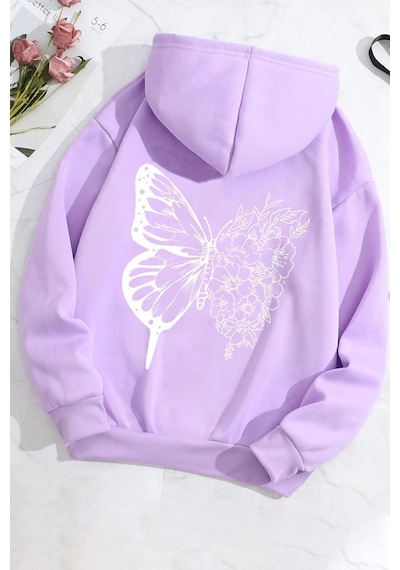 Uyguntarz Unisex Drawing Butterflies Sırt Baskılı Sweatshirt Lila