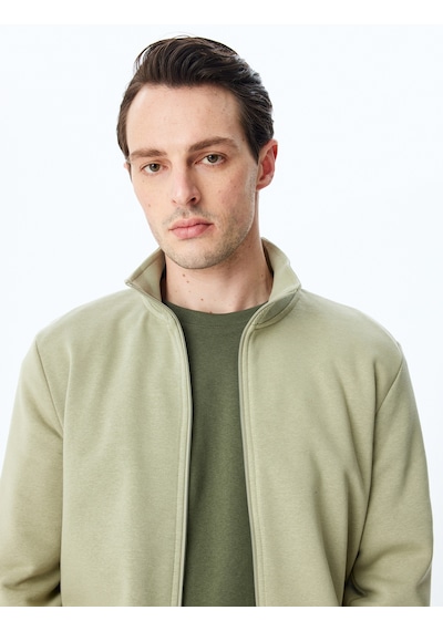 Koton Regular Fit Pamuk Karışımlı Uzun Kollu Basic Fermuarlı Sweatshirt Haki 5wam70253mk Haki