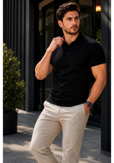 Luxıc Core Erkek Polo Yaka Siyah Tişört Likralı Pike Kumaş Terletmez Slim Fit Günlük Şık Tasarım