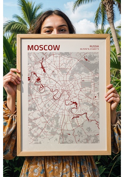 Moskova Rusya Moscow - Russia Haritası Çerçeveli Tablo Lüks Salon Ofis Duvar Dekorasyonu Tablo Kayın