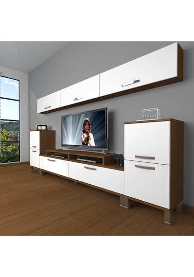 Decoraktiv Ekoflex 9 Slm Krom Ayaklı Tv Ünitesi Tv Sehpası Ceviz - Beyaz