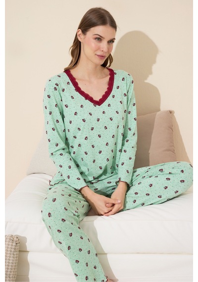 Siyah İnci Pamuklu Örme Pijama Takım 24240086 Yeşil