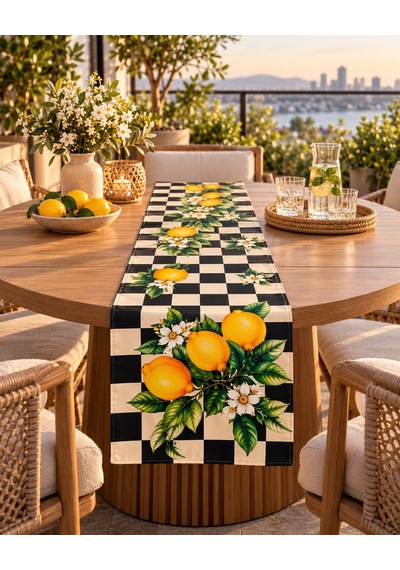 Siyah Beyaz Damalı Limon Desenli 45x140cm Masa Runnerı Çok Renkli