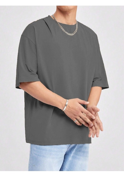 Basic Süprem T-shirt - Füme Oversize Bisiklet Yaka Tişört Füme