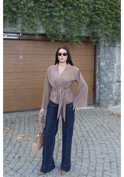 Kechi Woman Krep Kumaş Kruvaze Kemerli Kimono Bluz Vizon