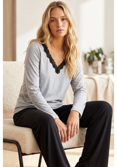 Siyah İnci Gri Siyah Likralı Örme Pijama Takım 26240365