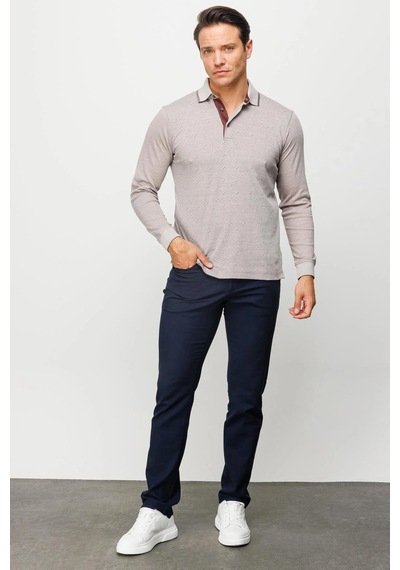 Desen Triko Erkek Polo Yaka Kare Desenli Uzun Kollu Sweatshirt Bej Bej