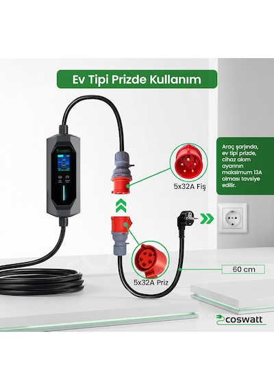 Cks Enerji 22 Kw Taşınabilir Hızlı Araç Şarj İstasyonu Çanta Ve Dönüştürücü Hediyeli Yerli Üretim 11-22kw