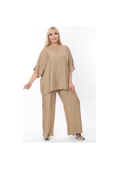 Mia Butik Büyük Beden Bej Yuvarlak Yaka Salaş Takım Bej