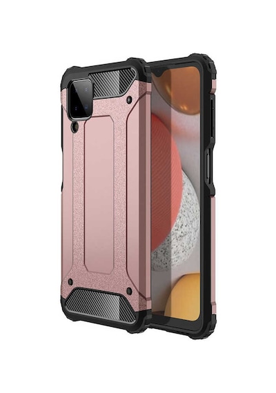 Ekılıf - Samsung Galaxy A12 Uyumlu Kılıf Çift Katman Zırh Tank Crash Military Kapak - Rose Gold