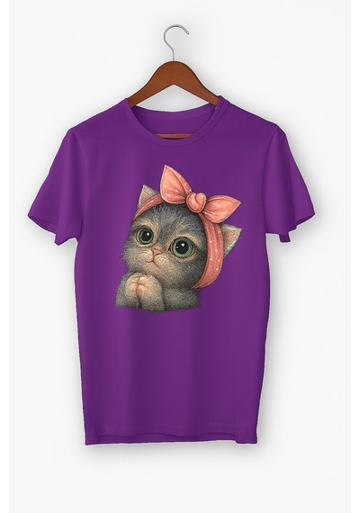 Sevimli Kedi Baskılı Oversize T-shirt Mor