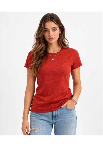 Mythrıva Flam Kumaş Melanj Dokulu Regular Fit Tişört Bisiklet Yaka Yazlık T-shirt - Kiremit Mythrıva Flam Kumaş Melanj Dokulu Regular Fit Tişört Bisiklet Yaka Yazlık T-shirt - Kiremit