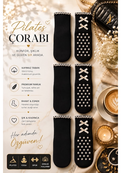 Çorap Vitrini 3'lü Paket Kaymaz Taban Pilates Çorabı - Siyah Pamuklu Yoga Ve Spor Çorabı Beyaz