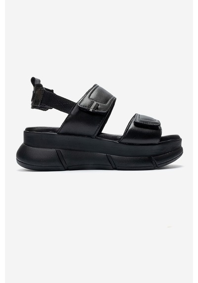 Luvishoes Celeste Siyah Hakiki Deri Cırt Bantlı Kadın Kalın Tabanlı Sandalet