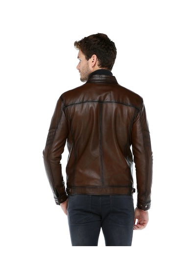 Dericlub Arthur Erkek Dik Yaka Slim Fit Gerçek Deri Mont Camel Antik