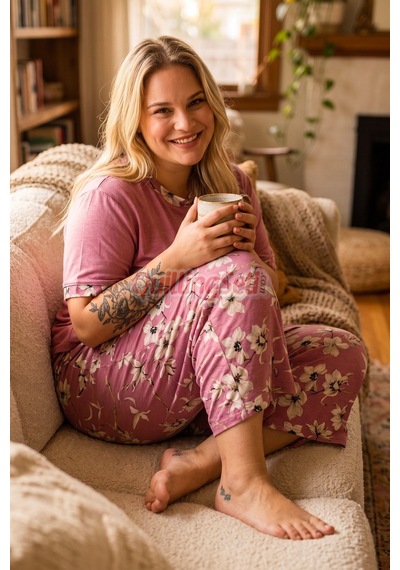 Lady Pembe Renk Ve Çiçek Desenli 10742 Pamuklu Büyük Beden Kapri Anne Pijama Takımı Beyaz - Pembe
