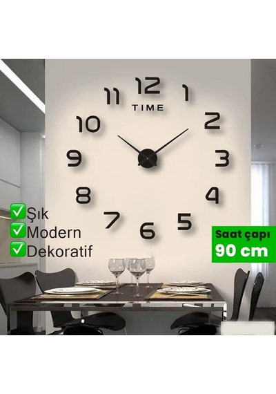 Upway Fosforlu 3d Dıy Sessiz Duvar Saati Dekoratif Yapışkanlı 90/100 Cm Siyah