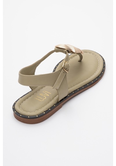 Luvishoes Luvi Shoes Helen Yeşil Hakiki Deri Parmak Arası Gold Tokalı Kadın Sandalet Yeşil