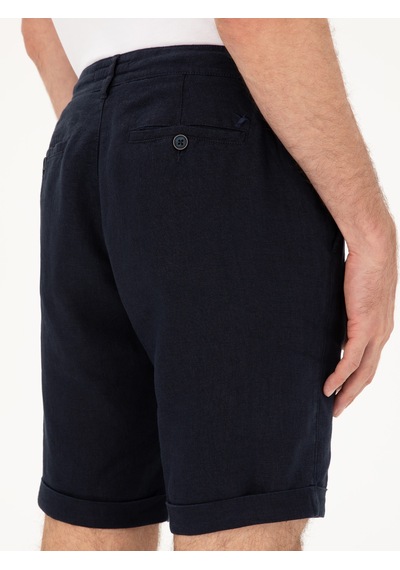 Cacharel Lacivert Regular Fit Beli Lastikli %100 Keten Şort