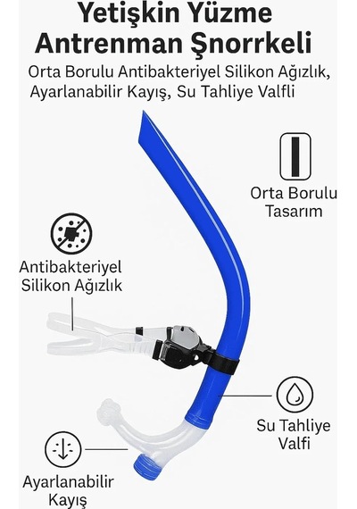 Orta Borulu Yüzme Antrenman Şnorkeli, Silikon Ağızlık, Ayarlanabilir Kafa Bandı, Su Tahliye Valfi, 46 Cm Mavi