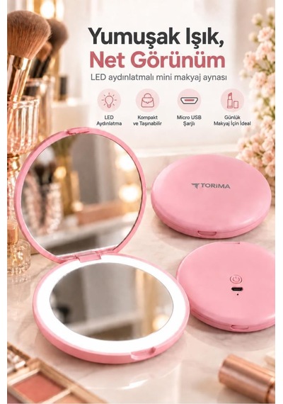 Torima Led Işıklı Type-c Şarjlı Makyaj Aynası Çift Taraflı Hd Mini Ayna Tmr01 Pembe