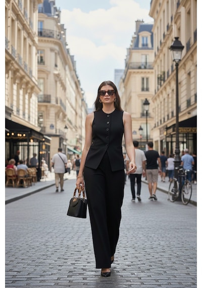 Lela Regular Fit Bisiklet Yaka Kolsuz Düğmeli Basic Bluz Bayan Yelek 65200004 Siyah