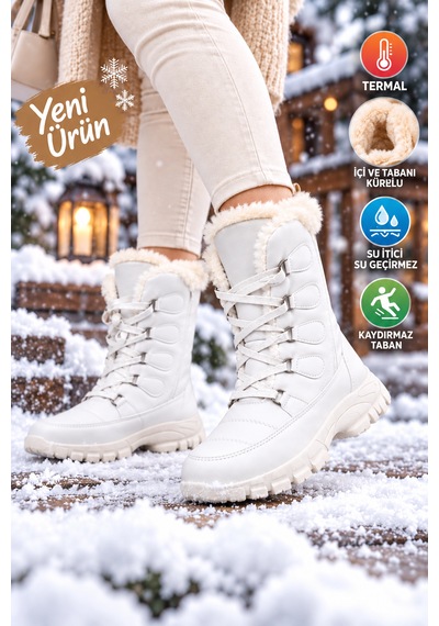 Moon Cloud Kadın Bot/bootie İçi Polar Kaymaz Taban Fermuarlı Zyn278 Beyaz