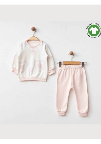 Zekids Kız Bebek Kalp Desenli Organik Eşofman Takım-15474 Pudra