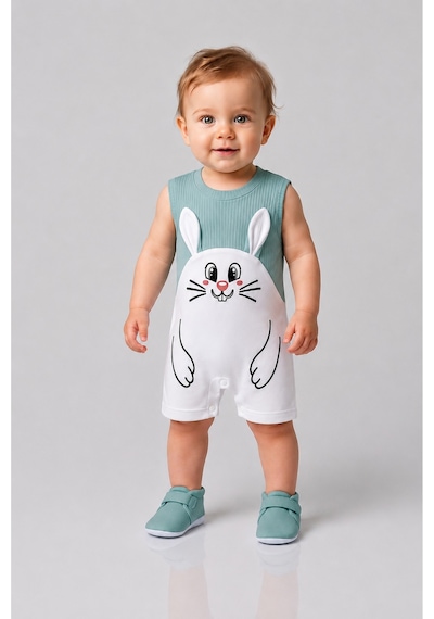 Babyden's Erkek Bebek Tavşan Desenli Yazlık Tulum Fitilli Pamuklu Kolsuz Bebek Tulumu Çıtçıtlı Romper 0-9 Ay Haki