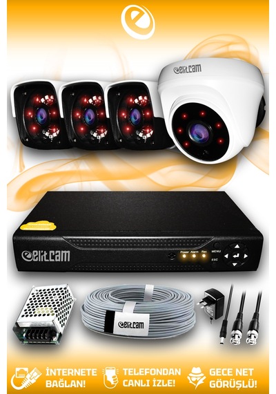 Elitcam 4 Kameralı Panda 1 İç Kamera Set HDD'siz Full HD Gece Görüşlü Güvenlik Kamerası Sistemi