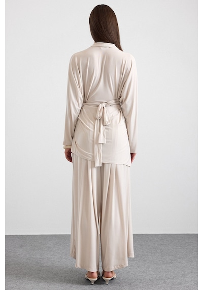 Olcay Asimetrik Kesim Şalvar Pantolon Kimono Takım Bej 9475-tk