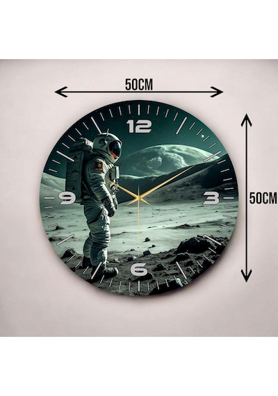 AA Shop Renkli Baskı Ay Ve Astronot Desenli Sayılı Hediyelik Ahşap Sessiz Duvar Saati 50cm ÇOk Renkli