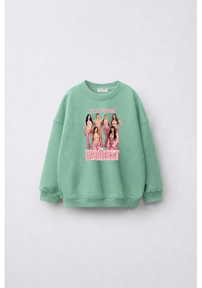Fasardi Manifest Girls M6nifestgirls Baskılı Oversize Şardonsuz Uzun Kollu Kız Çocuk Sweatshirt Mint