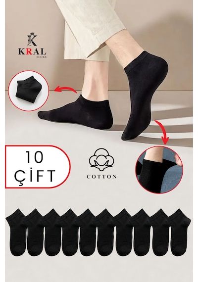 Kral Socks Kadın - Erkek 10 Çift Düz Desen Ekonomik Bilek Boy Patik Çorap Siyah