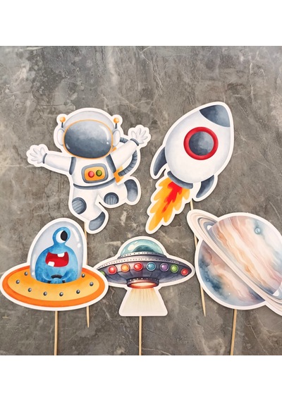 32 Parça Uzay Astronot Temalı Dev Set Doğum Günü Süsü, Banner Pasta Kürdanı Cupcake Süsü +0