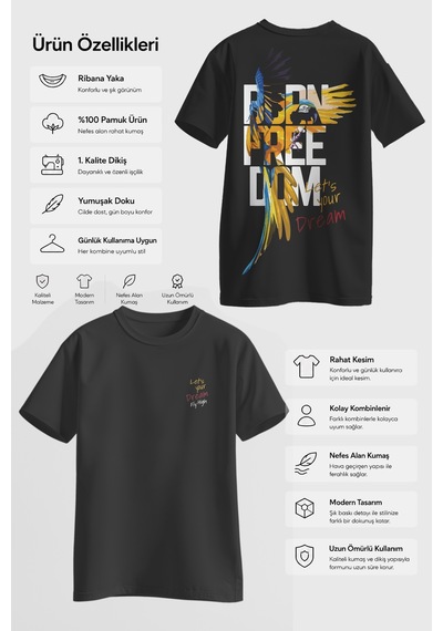 Spoyi Born Freedom Tasarımlı %100 Pamuk Yarım Oversize Siyah T-shirt