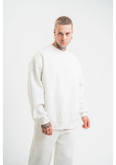 Erkek 3 İplik Pamuklu Bisiklet Yaka Yıkamalı Sweatshirt - Beyaz