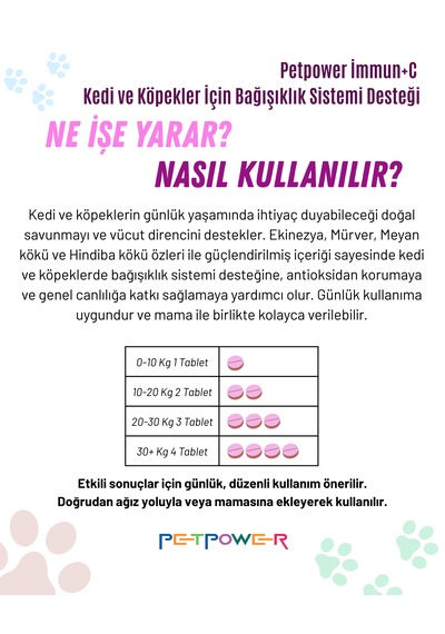 Petpower Kedi Köpek Desteği, Beta Glukan, C Vitamini, Taurin Tablet 75 Adet