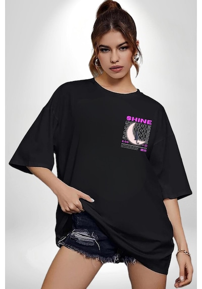 Parlasol Yan Siyah Kedi Siyah Oversize Unisex Ön Sol Yan Minimal Baskılı Tişört Koyu Siyah