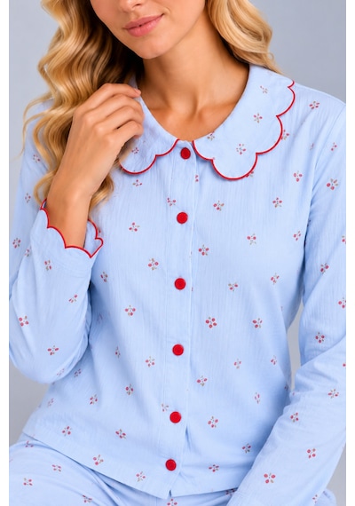 Pijamask Kadın Çiçek Desenli Bebe Yaka Düğmeli Uzun Kollu Müslin Pijama Takımı Mavi