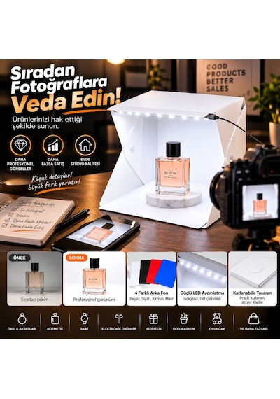 Triline 20x20 Cm Led Işıklı Mini Ürün Fotoğraf Çekim Çadırı 4 Renk Fonlu Taşınabilir Stüdyo Beyaz