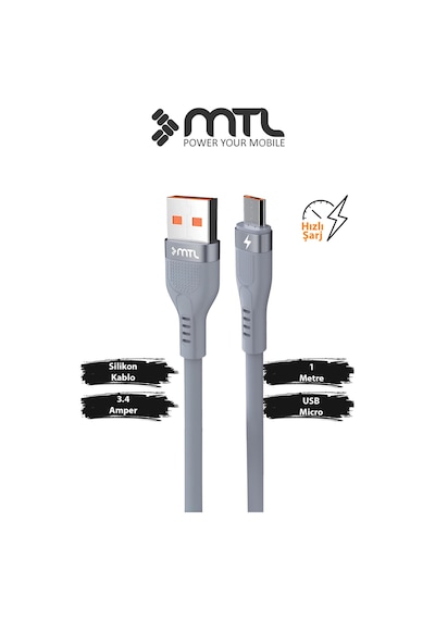 3.4a Usb To Micro Metal Başlıklı Extra Yumuşak Hızlı Şarj Ve Data Aktarım Kablosu 1 Metre Mt2351