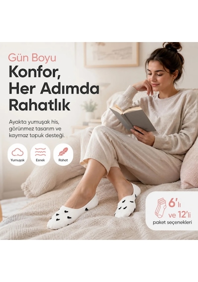 DS Wak Kadın Kalp Desenli Görünmez Babet Çorap 12'li Pamuklu Kaymaz Topuk, Siyah Beyaz Karışık