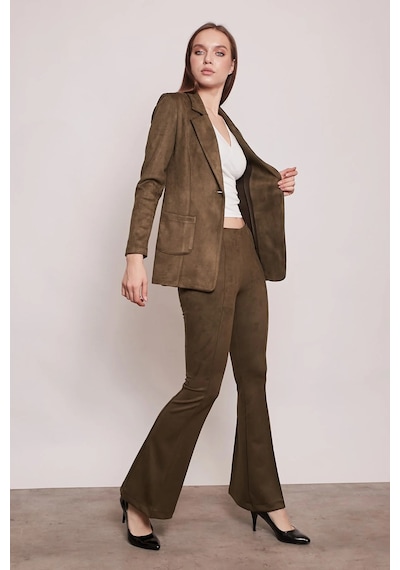 Süet Kumaş Cep Detaylı Düğmeli Şık Blazer Ceket-haki Haki