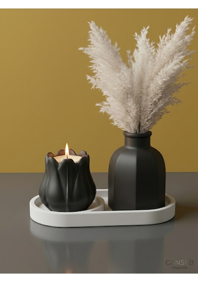 3lü Premium Avangard Köşeli Pampas Vazosu Lale Mumluk Seti - Tealight Mum Hediyeli