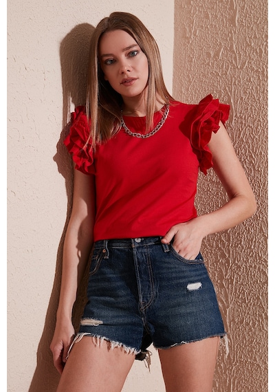 Lela Pamuklu Kolları Fırfırlı Slim Fit Bisiklet Yaka Bayan T Shirt 5864500 Kırmızı