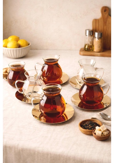 Keyf-i Ala 18 Parçametal Altlıklı Cam Kaşıklı Çay Bardağı Seti 200 Ml Beyaz