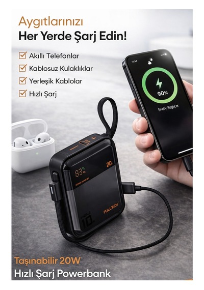 10.000mah 20w Lcd Göstergeli 2x Dahili Usb-c Kablolu Powerbank siyah