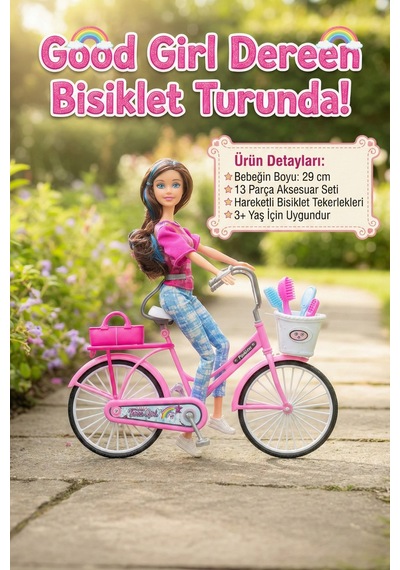 Good Girl Dereen Hareketli Bisikletli Bebek Seti 29cm - 13 Parça Aksesuarlı Oyuncak - 3+ Yaş
