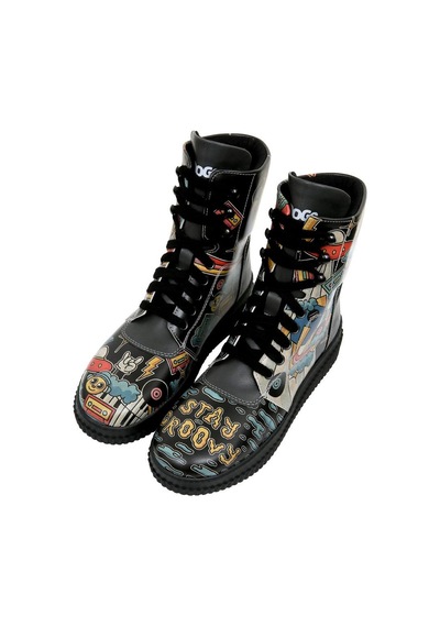 Kadın Vegan Deri Siyah Uzun Bot - Stay Groovy Tasarım Multicolor